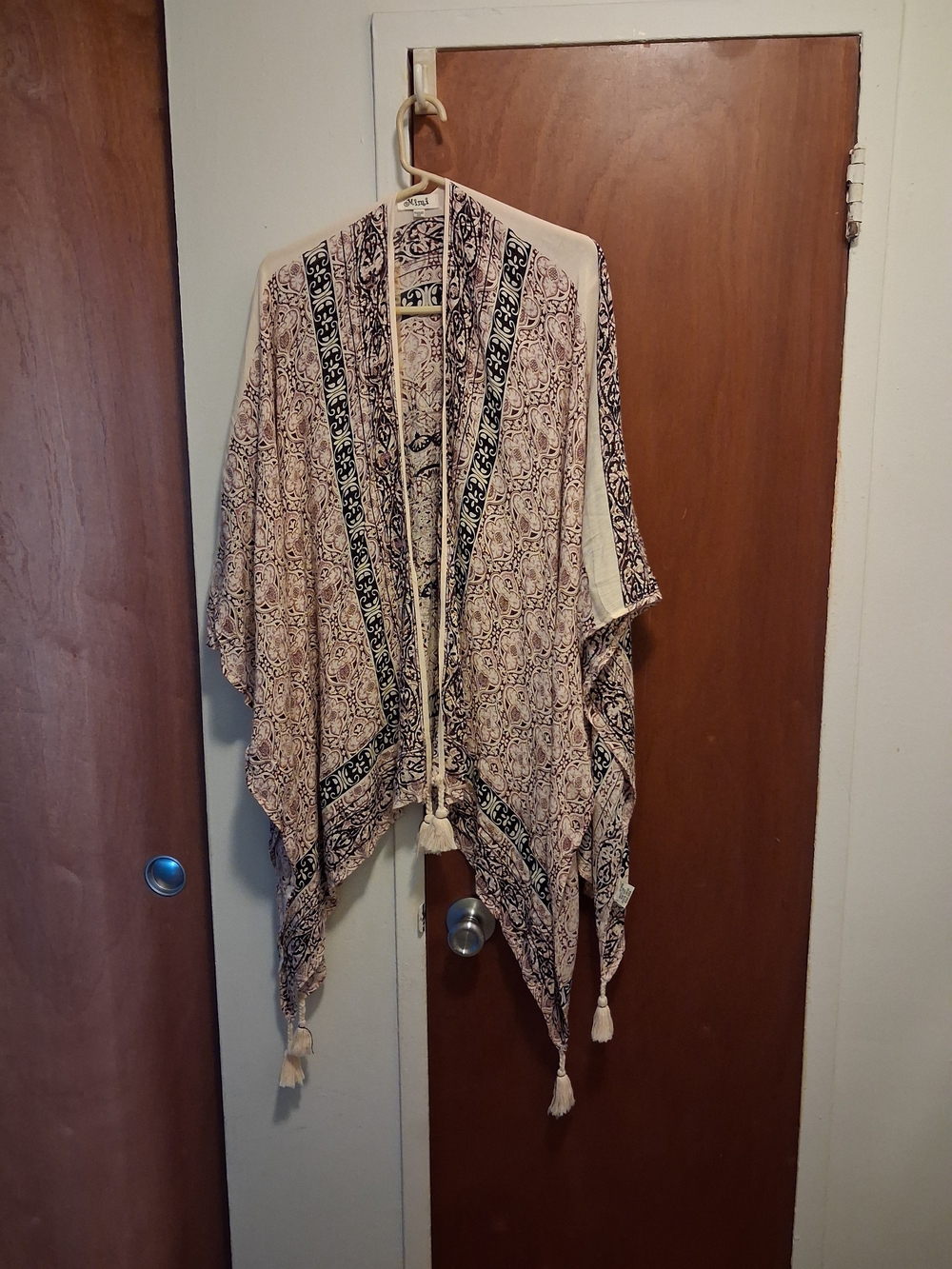 Boho Tassel Kimono Cover Up / Sarong - Cream with Black Pattern